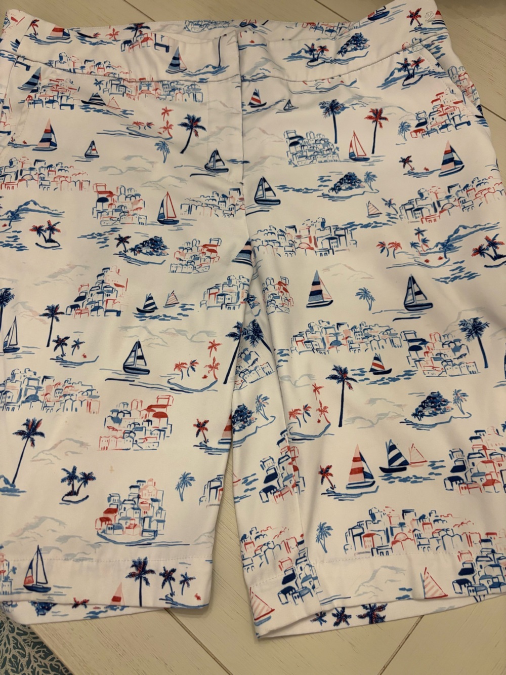 Izod White Nautical Print Bermuda Shorts with Blue and Red Accents